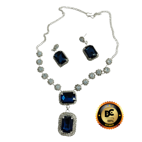 Royal Blue Stone Necklace Set with Matching Earrings Rhodium Plated Alloy Necklace Set