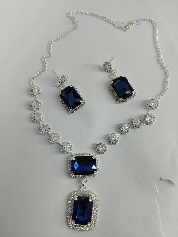 Royal Blue Stone Necklace Set with Matching Earrings Rhodium Plated Alloy Necklace Set - Image 3