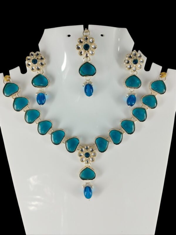 Elegant Blue Stone Necklace Set with Maang Tikka & Earrings -Perfect for Weddings & Parties - Image 2