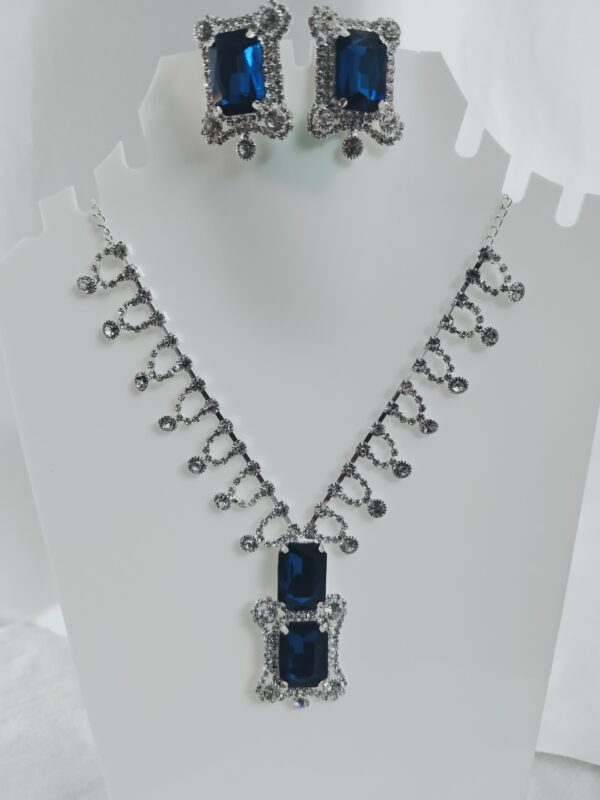 Elegant Blue Gemstone Necklace Set with Matching Earrings | Silver-Tone Royal Jewelry for Women - Image 3
