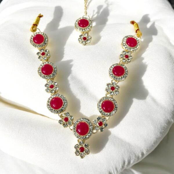 Royal Ruby Red Stone Necklace Set with Maang Tikka – Elegant Gold-Plated Jewelry