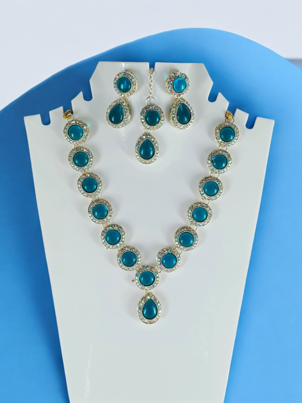 Elegant Blue Stone Necklace Set with Maang Tikka & Earrings -Perfect for Weddings & Parties