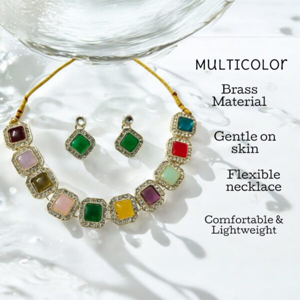Multicolor Stone Necklace Set with Earrings – Elegant Ethnic Jewelry for Women - Image 2