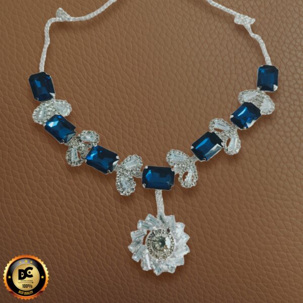 Party Wear Blue and Alloy Silver Necklace Set with Earings Crystal Silver Plated Alloy Necklace Set - Image 3