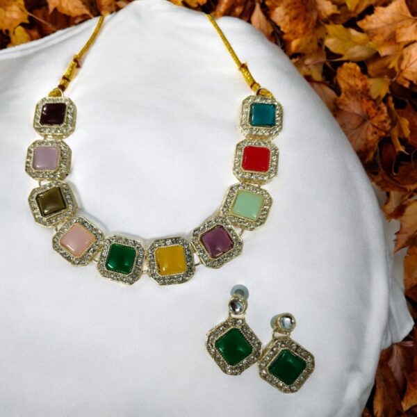 Multicolor Stone Necklace Set with Earrings – Elegant Ethnic Jewelry for Women