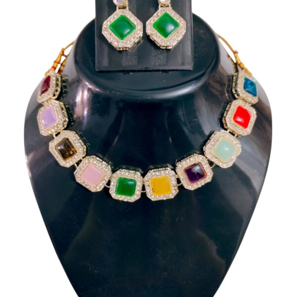 Multicolor Stone Necklace Set with Earrings – Elegant Ethnic Jewelry for Women - Image 3