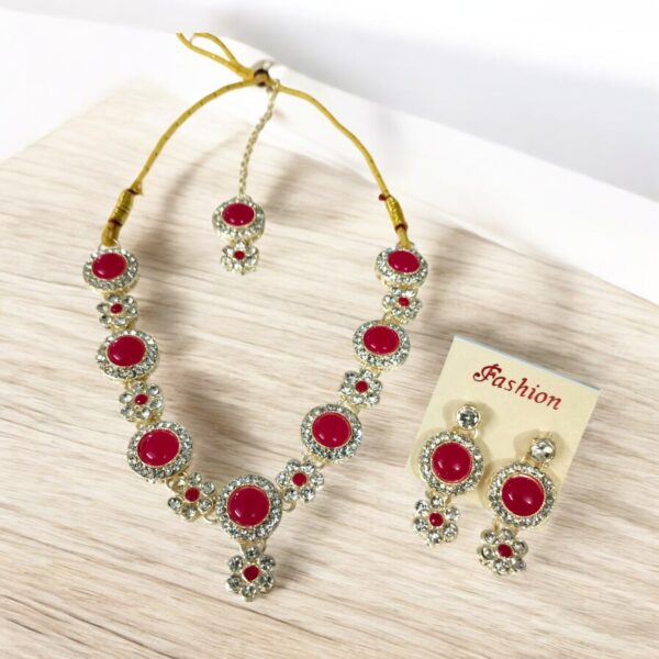 Royal Ruby Red Stone Necklace Set with Maang Tikka – Elegant Gold-Plated Jewelry - Image 2