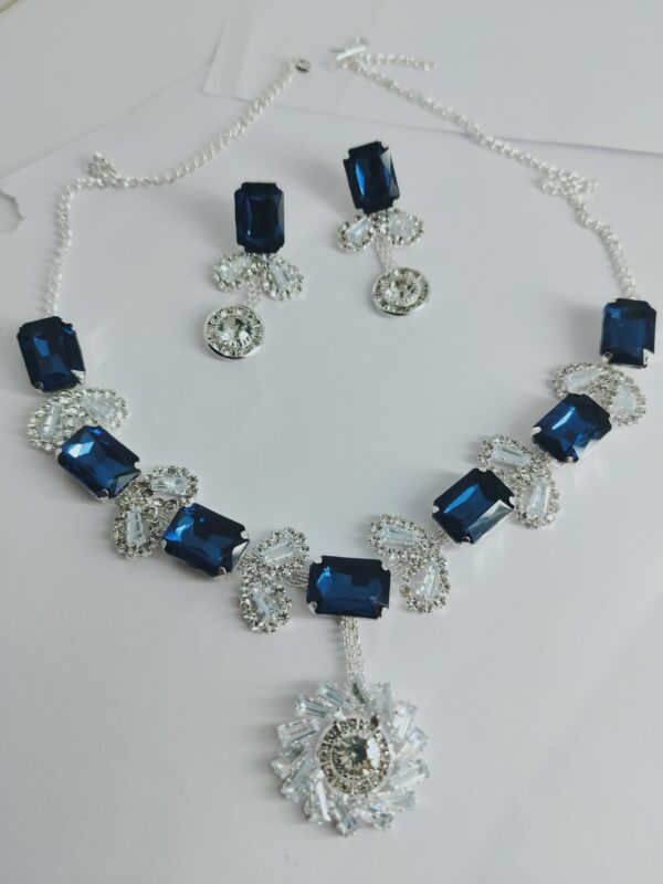 Party Wear Blue and Alloy Silver Necklace Set with Earings Crystal Silver Plated Alloy Necklace Set - Image 2