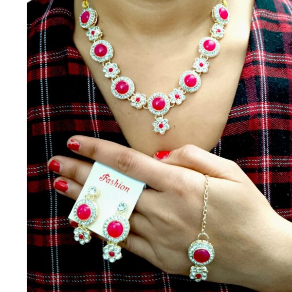 Royal Ruby Red Stone Necklace Set with Maang Tikka – Elegant Gold-Plated Jewelry - Image 3